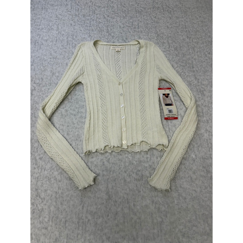 Aeropostale Womens Cropped Cardigan Pointelle. Rib Knit V-Neck Tofu White XS NEW